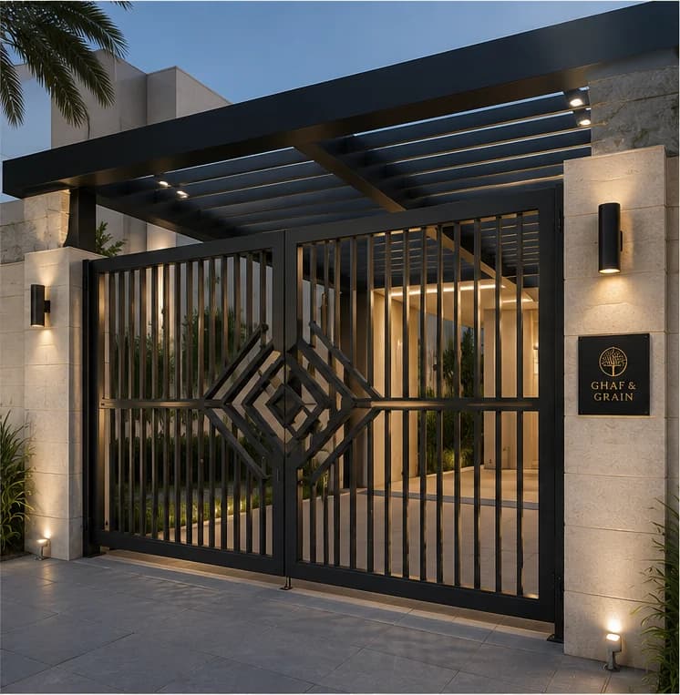 Custom fabricated steel gate and entrance structure