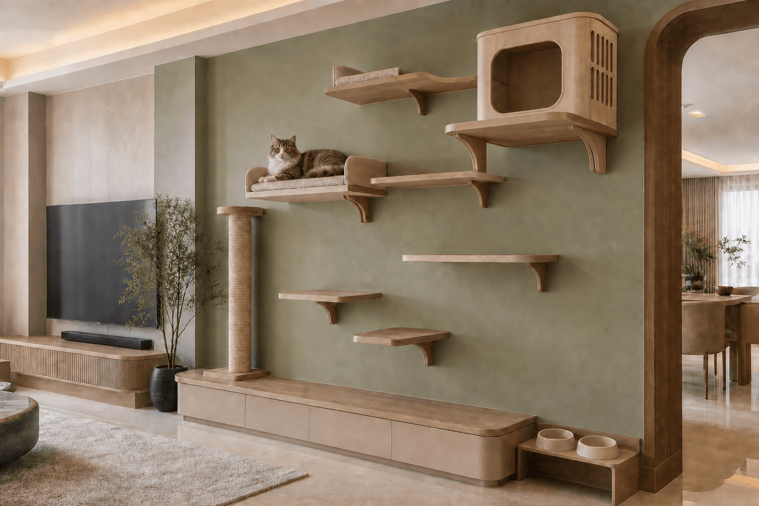 Indoor cat living wall with a resting cat, staggered timber climbing shelves, cushioned platforms, accessible pod-entry landing and tall scratching post.
