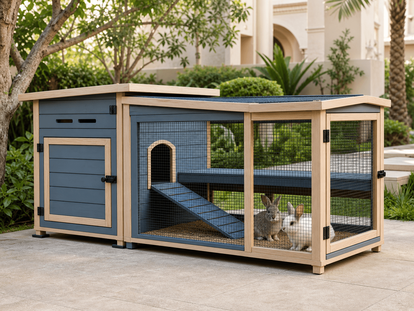 Dusty-blue rabbit home with sheltered sleeping compartment, doorway opening into secure mesh run, gentle internal ramp, solid platforms and two rabbits.