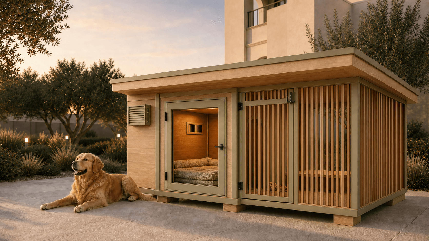 Two-zone outdoor timber dog house with ventilated sleeping room, raised floor, shaded roof and enclosed exercise area in a UAE villa garden.