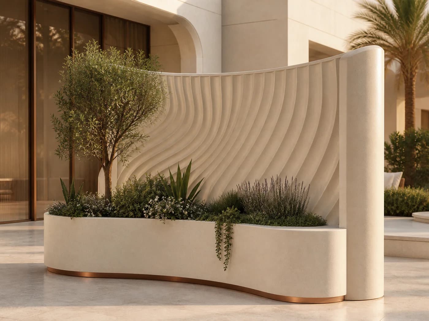 Decorative moulded GRP planter and architectural privacy panel
