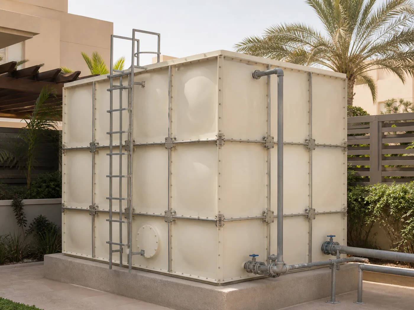 Modular sectional GRP panel tank with ladder and connected pipework