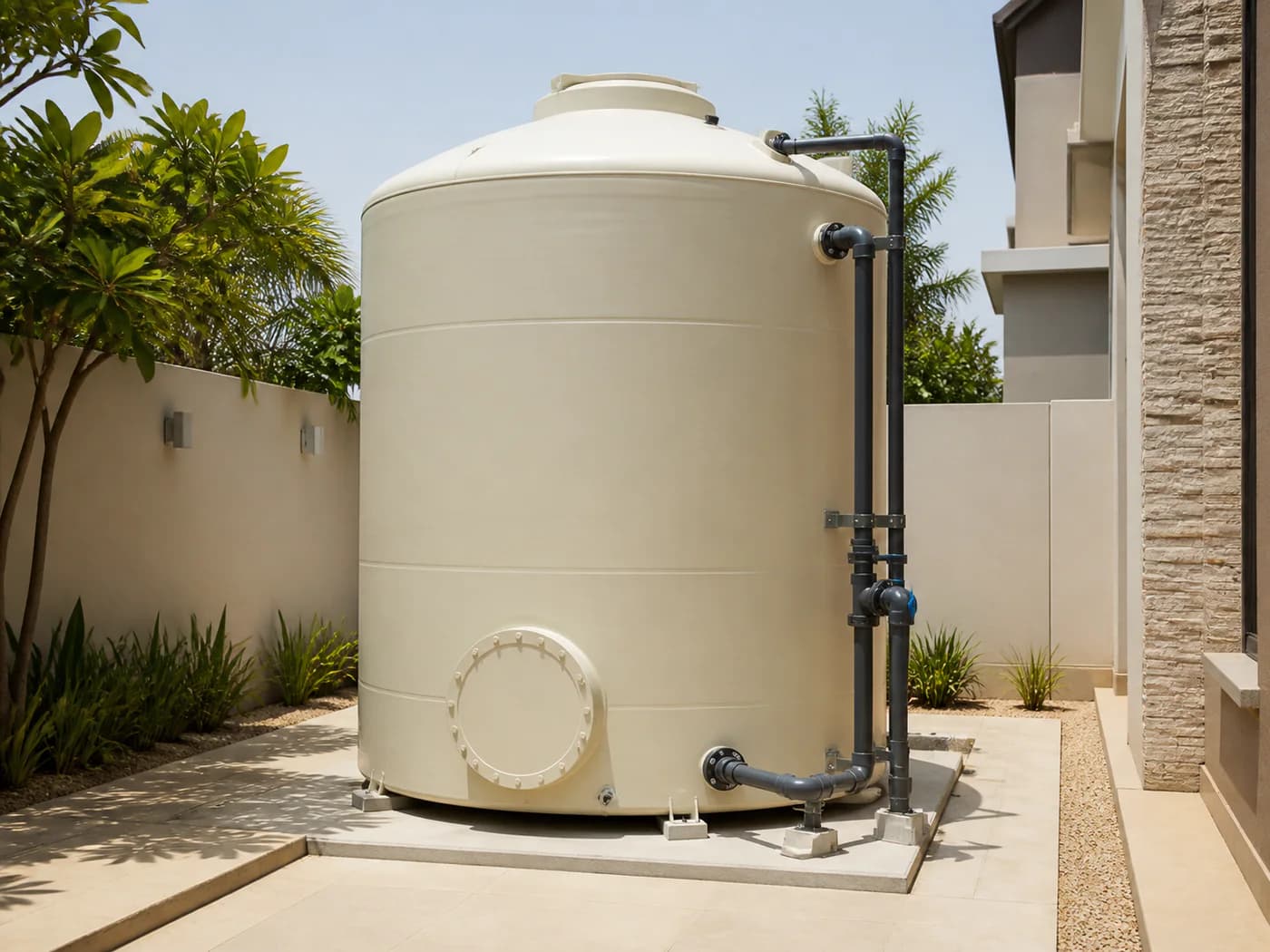 Standalone cylindrical GRP water tank installed beside a villa