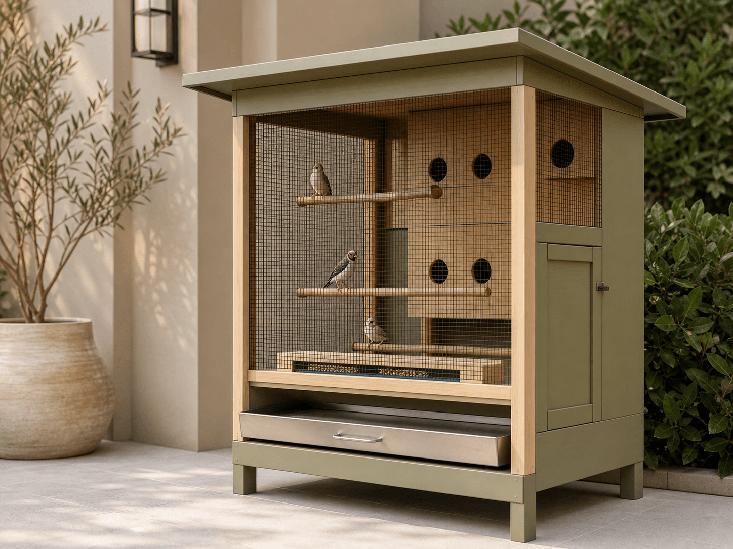 Compact sage and timber finch house with fine mesh enclosure, multiple perches, round nesting openings, feeding tray and cleaning drawer.