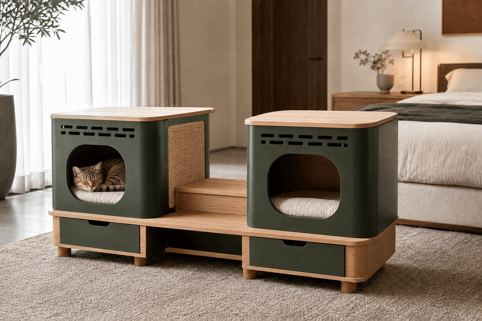 Forest-green indoor cat retreat with a cat resting inside one of two ventilated sleeping pods, sisal scratch panels, timber bridge and storage drawers.