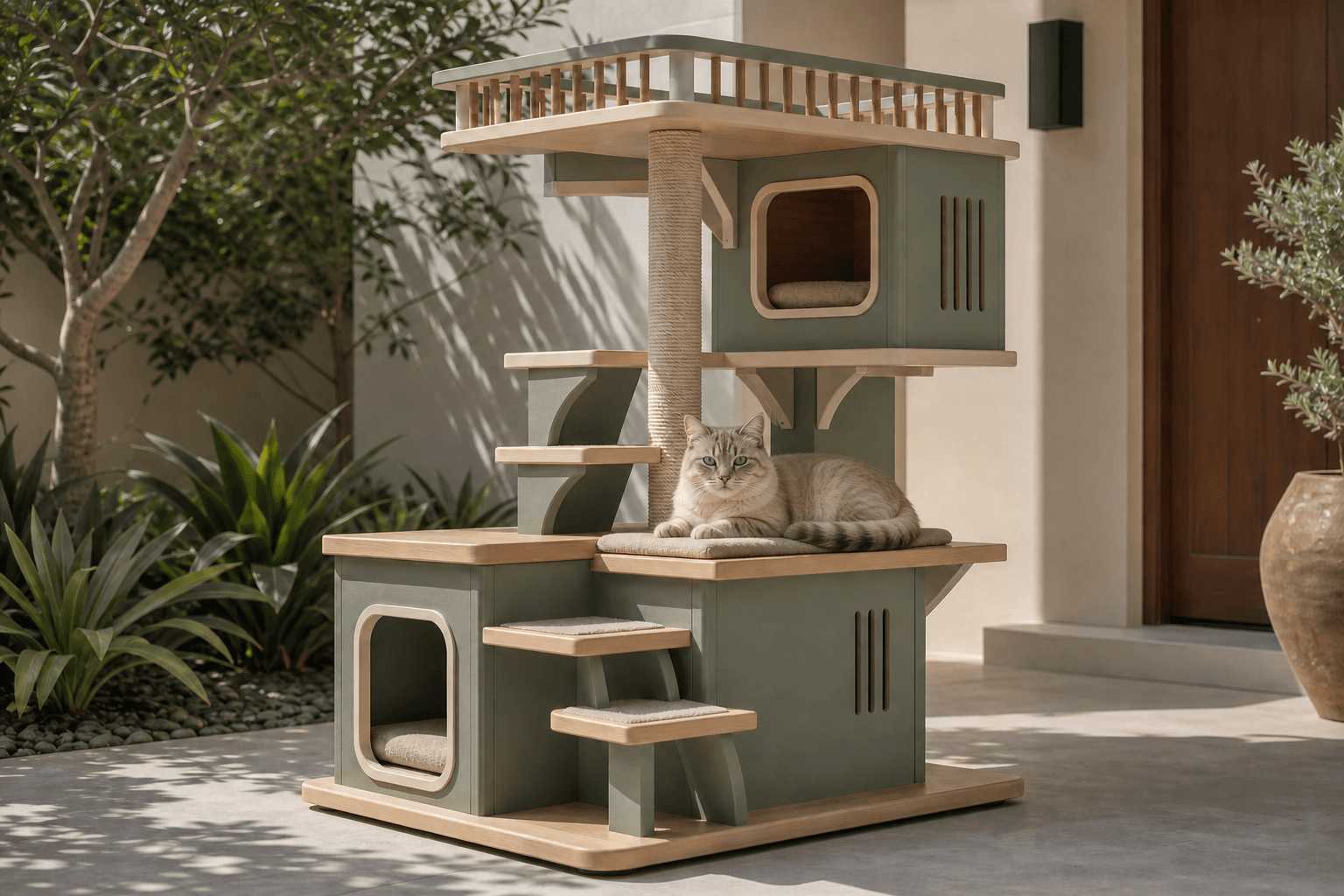 Sage and timber covered-outdoor cat tower with a resting cat, elevated sleeping rooms, observation deck, scratching column and climbing steps.