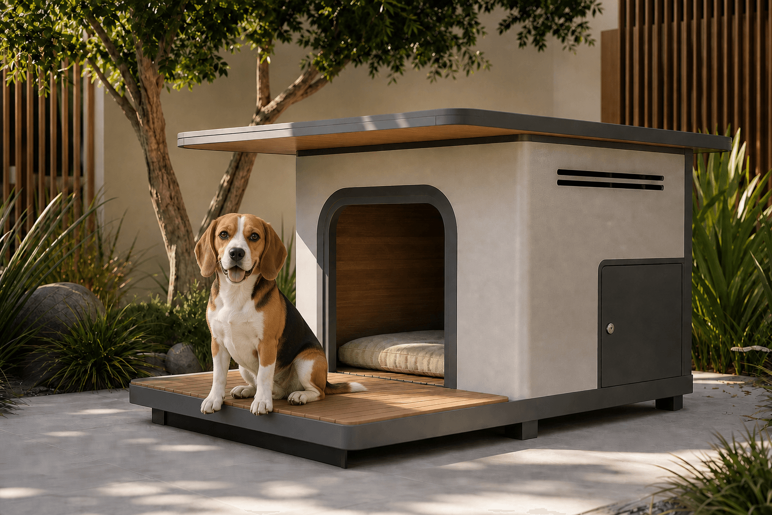 Warm cream outdoor dog house with a Beagle, dog-sized entrance, raised timber porch, ventilation slots and service-access panel.