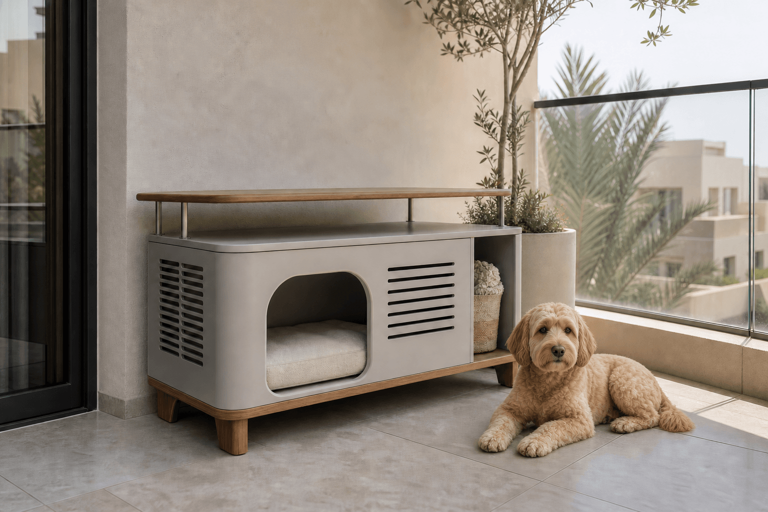 Compact warm-grey covered-balcony dog den with a small dog, broad entrance, side ventilation, raised timber legs and sheltered top.