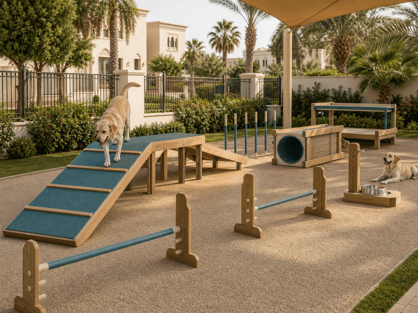 Premium outdoor dog agility course with Labrador on non-slip A-frame, low balance walk, weave poles, timber tunnel, adjustable jumps and water station.