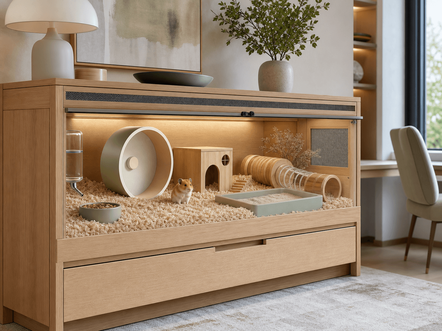 Light-timber indoor hamster console with deep bedding, large solid exercise wheel, hide house, tunnel, sand bath, water bottle and ventilation mesh.