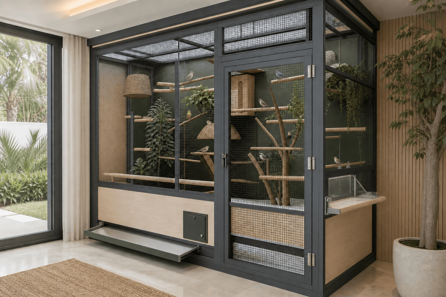 Walk-in indoor charcoal aviary with small birds, secure mesh, full-height human door, layered natural perches, feeding station and cleaning trays.