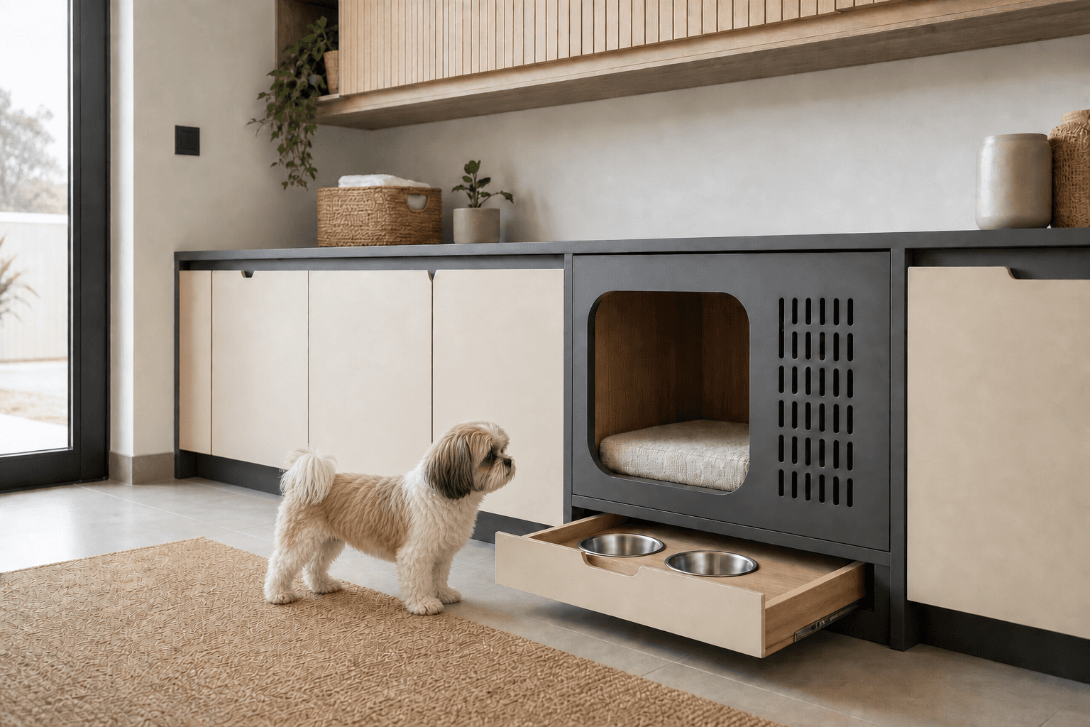 Integrated charcoal and cream indoor dog console with a Shih Tzu, ventilated sleeping compartment and pull-out twin-bowl feeding drawer.