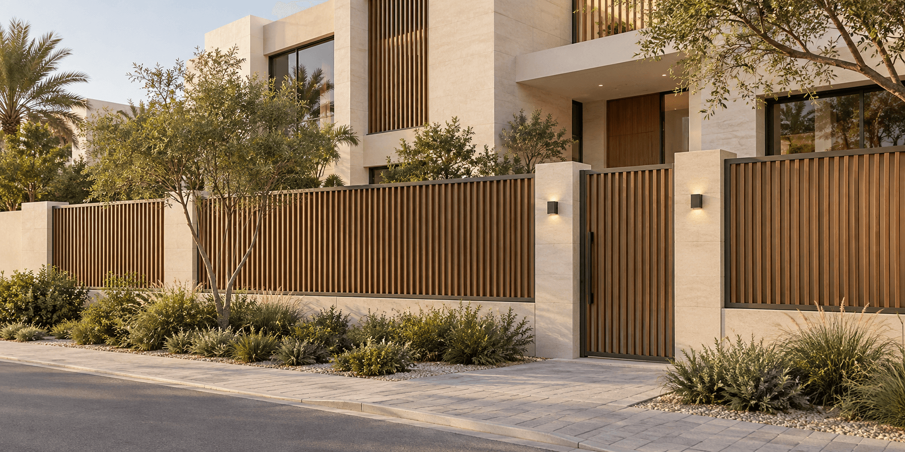 Contemporary villa boundary fence with integrated pedestrian gate
