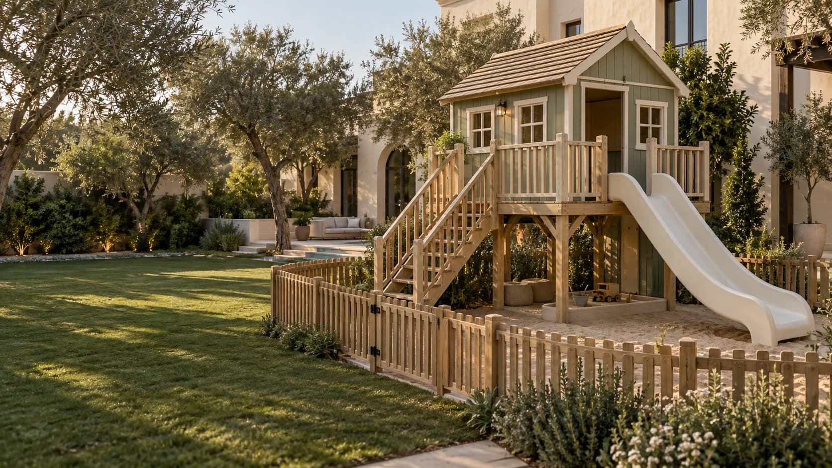 Elevated sage playhouse with slide and integrated timber play boundary