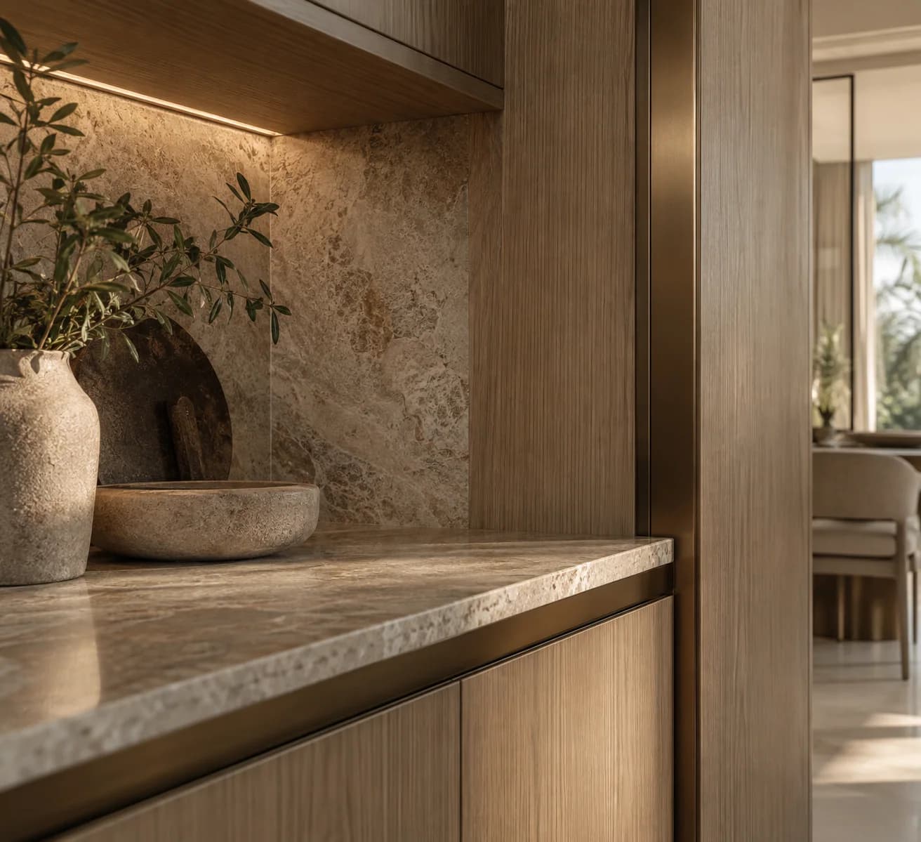 Detailed junction of veneer, stone and bronze trim