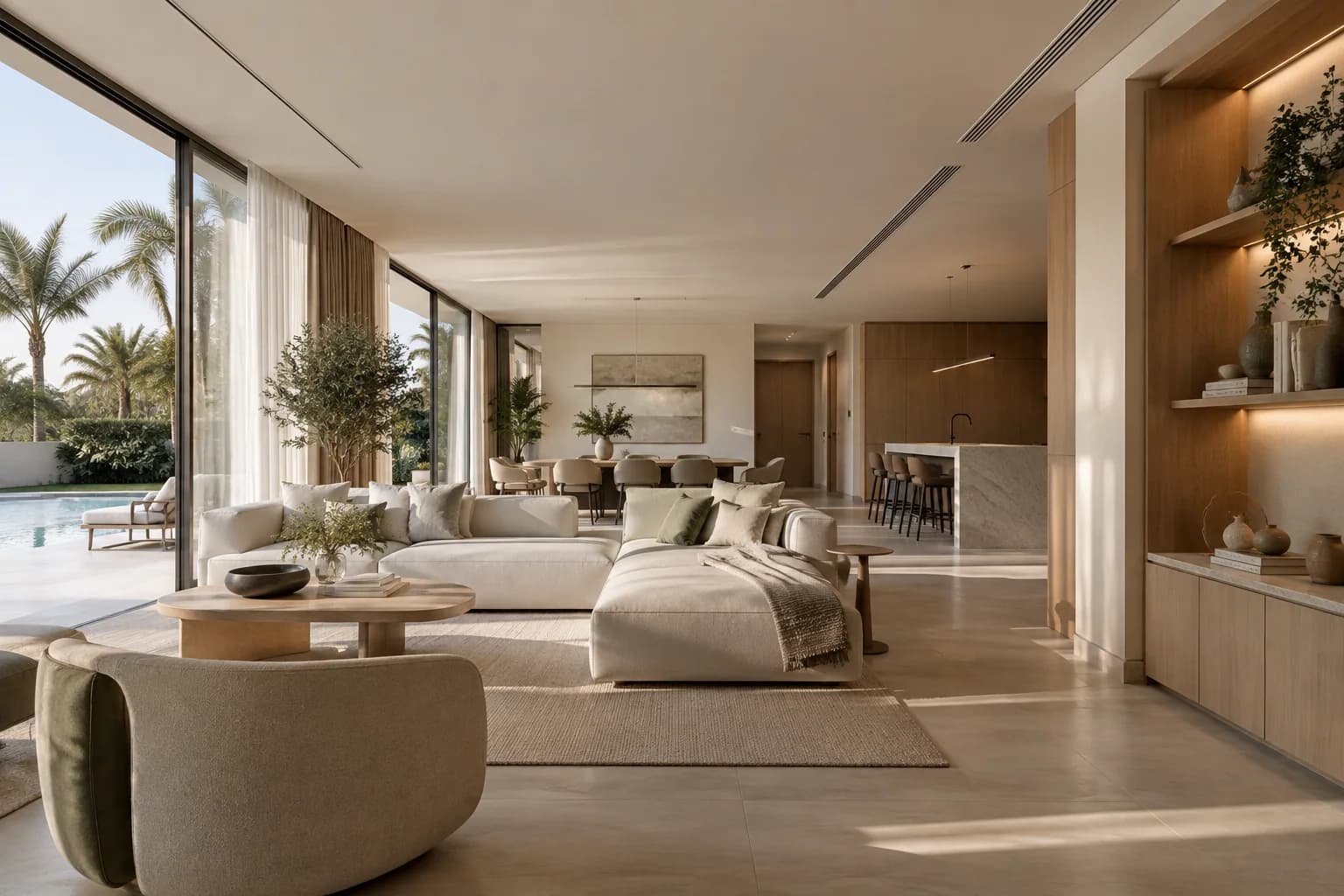Layered interior room with custom cabinetry