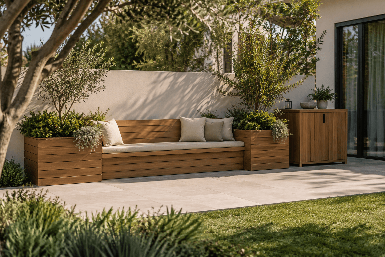 Custom garden bench, planters and outdoor storage in a contemporary UAE villa garden