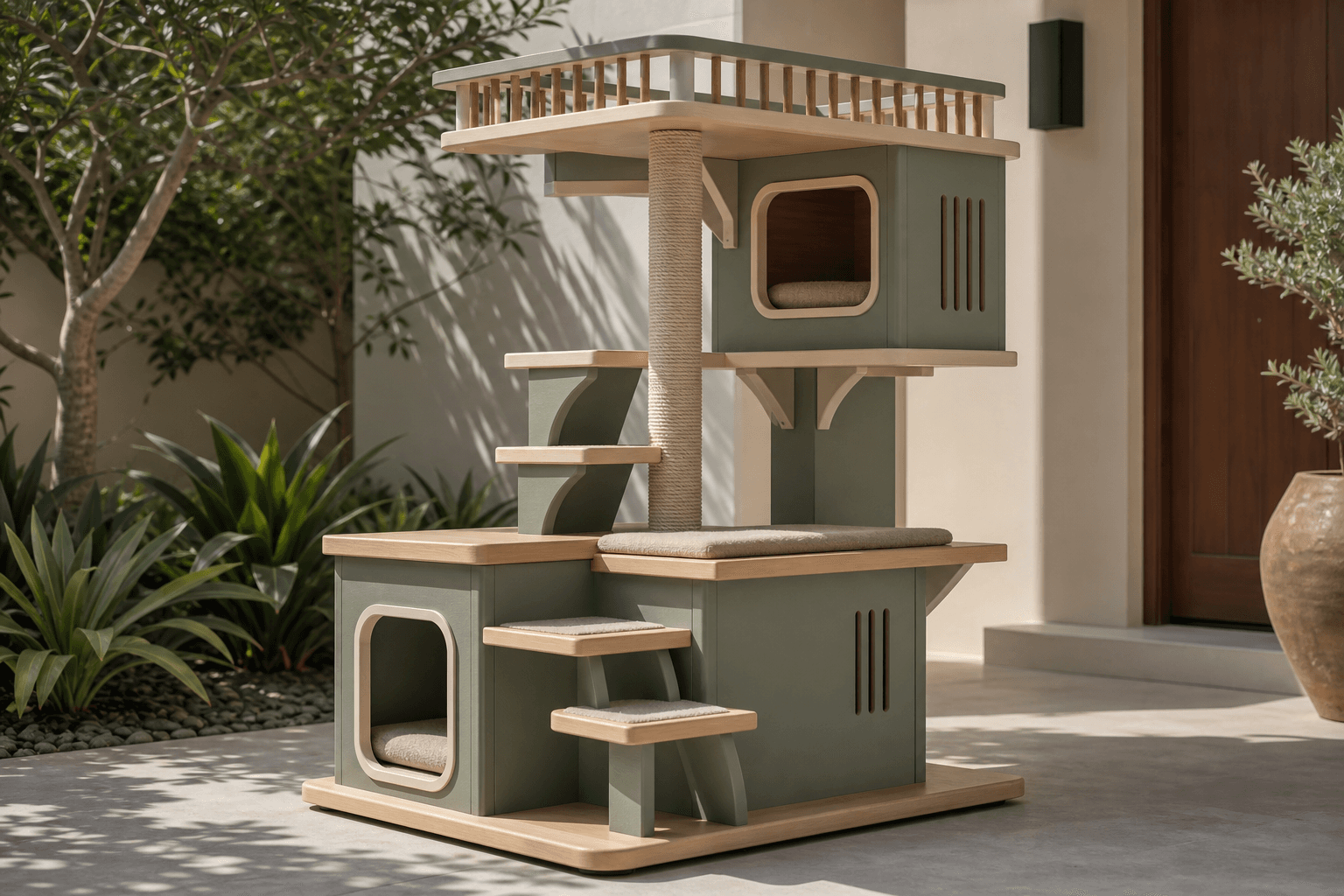 Sage and timber cat house with climbing and resting areas