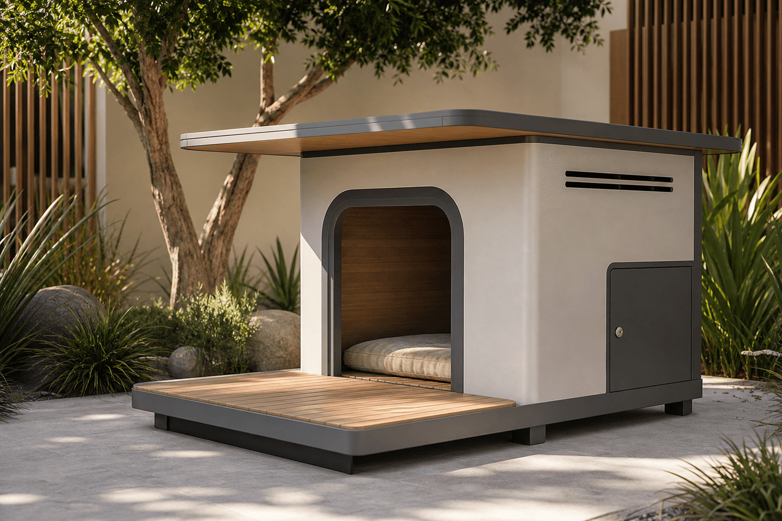 Warm grey climate-conscious pet home with ventilation and service access