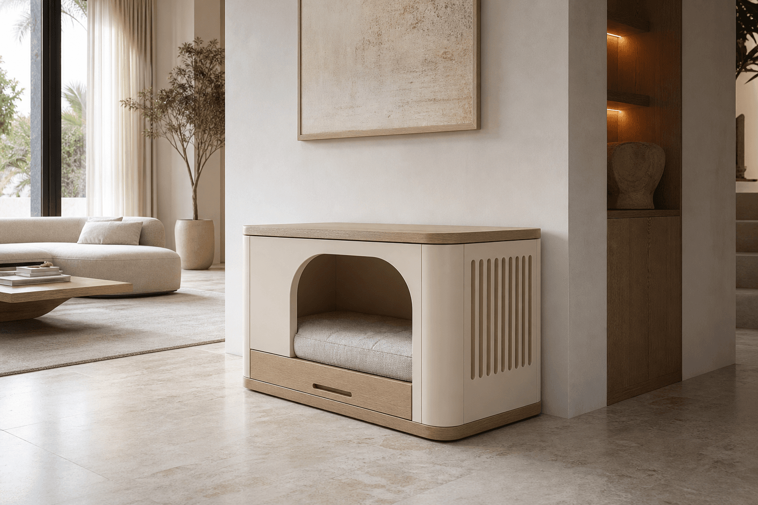 Cream and timber indoor pet home integrated into a contemporary UAE interior