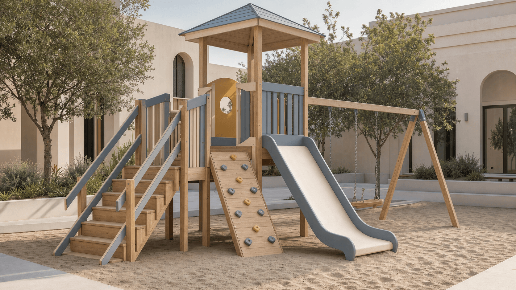 Dusty blue, cream and timber climbing structure with slide