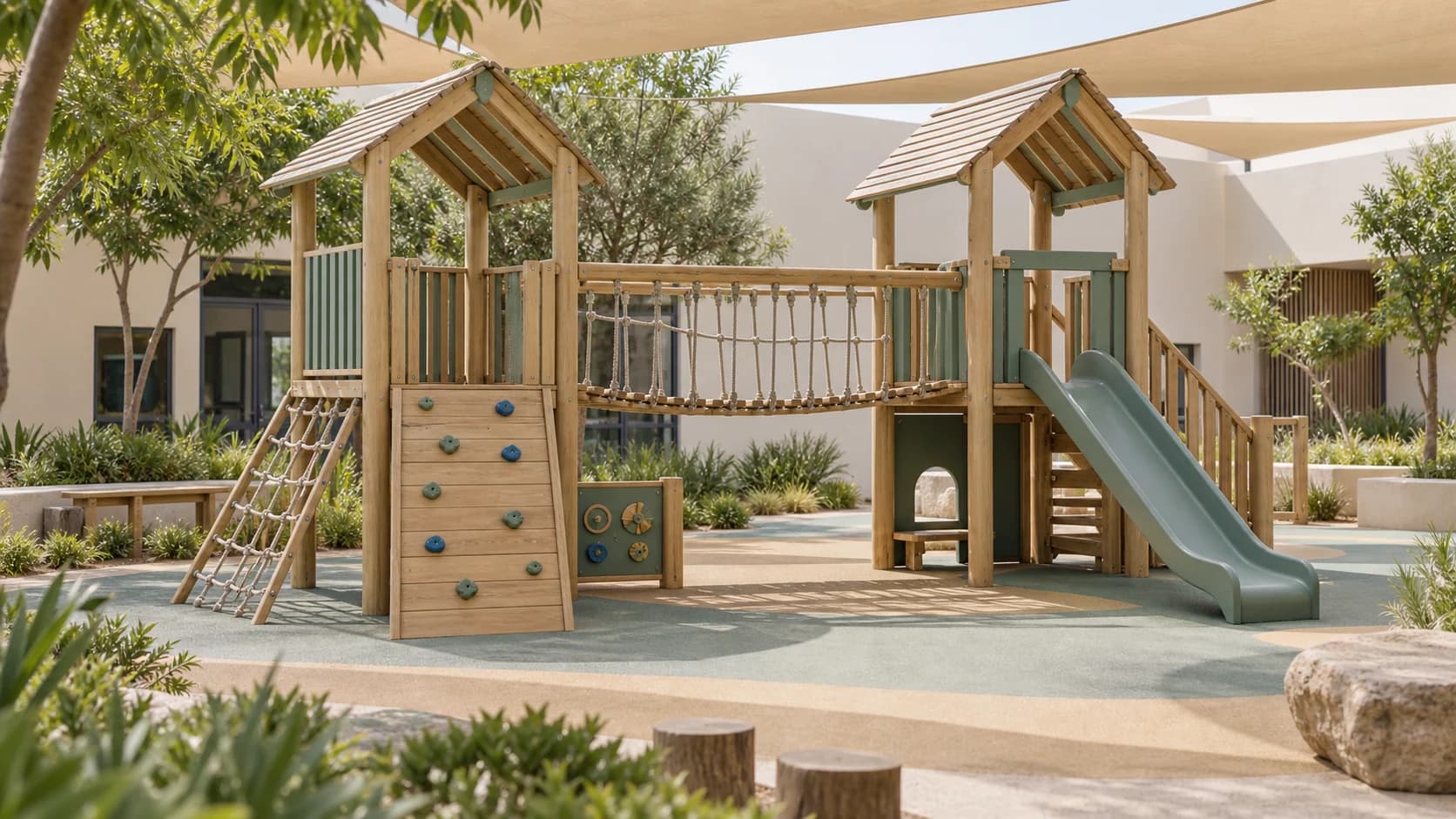 Multi-user school and nursery play environment with two towers, bridge, climbing features and slide
